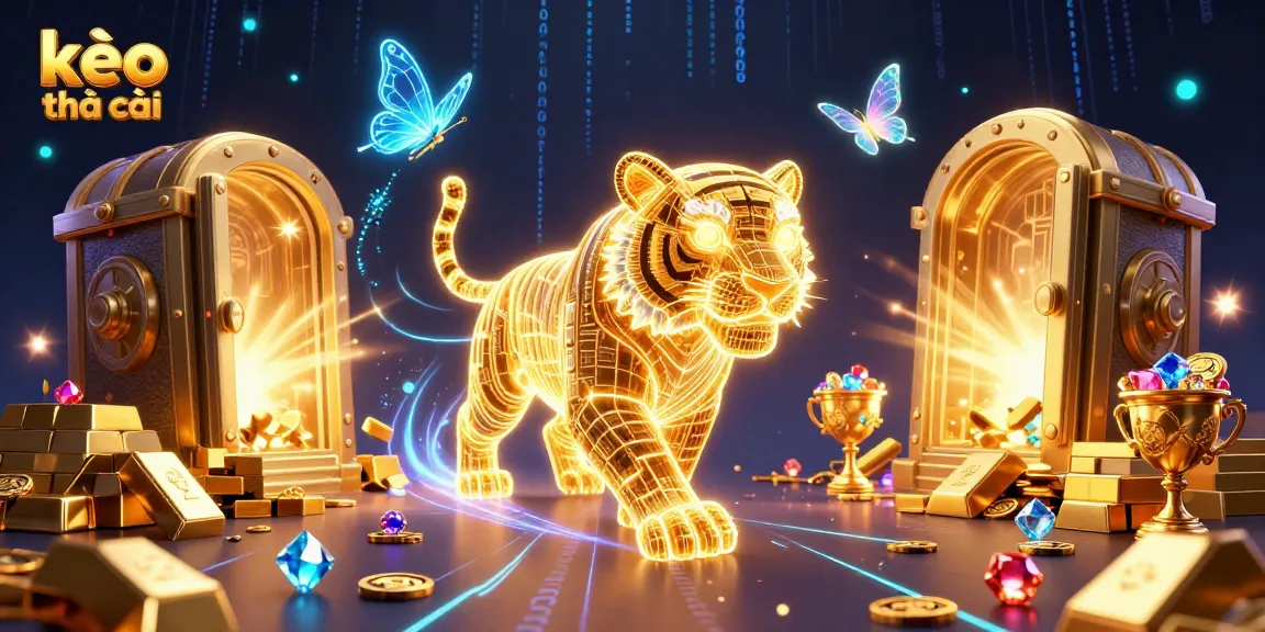 Bet big with kèo nhà cái as a luminous golden tiger powers through a vibrant digital casino landscape.