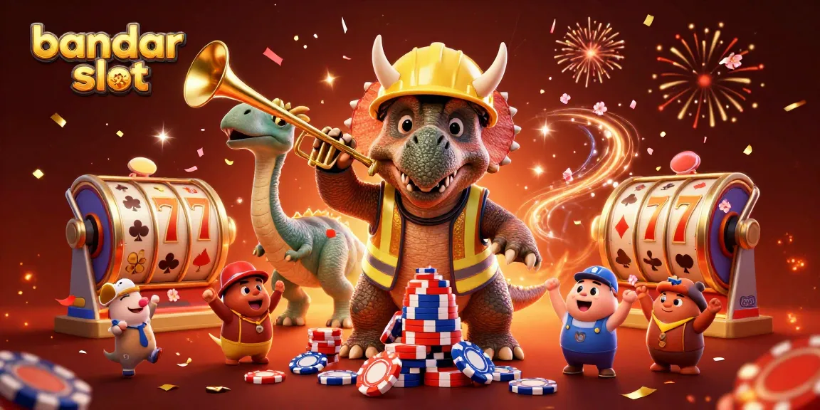 Experience exciting wins with bandar slot in a celebratory casino scene, featuring vibrant characters and game elements.