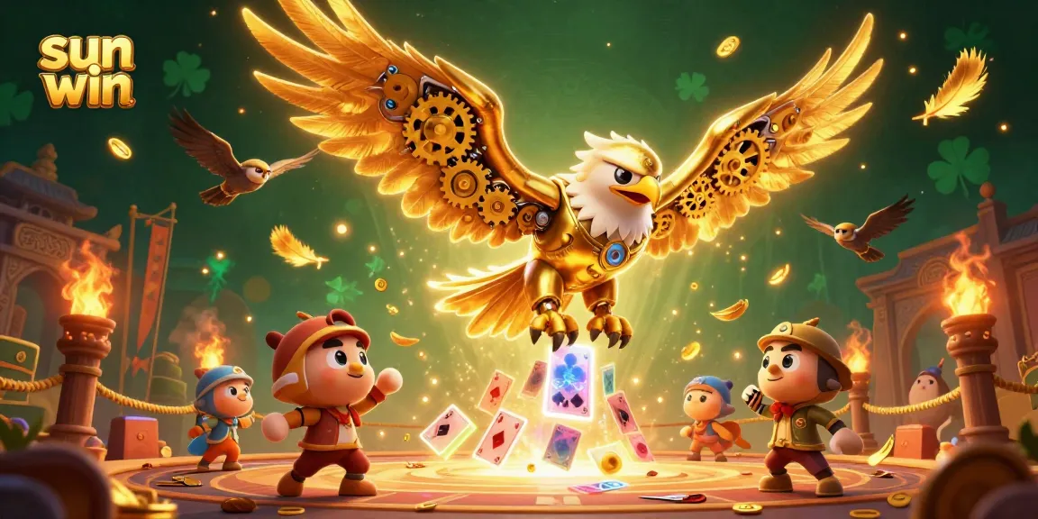 Experience winning at sun win with a dynamic 3D casino scene featuring a golden eagle and holographic cards.