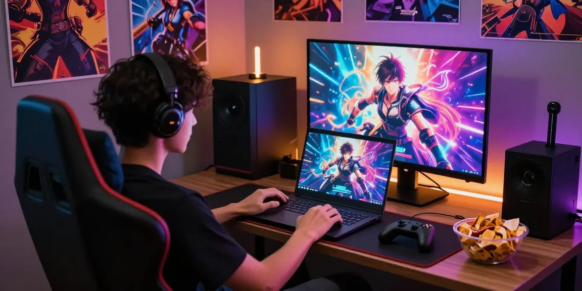 Engaging gaming room with a player enjoying a hentai game on a laptop, surrounded by vibrant decor and snacks.