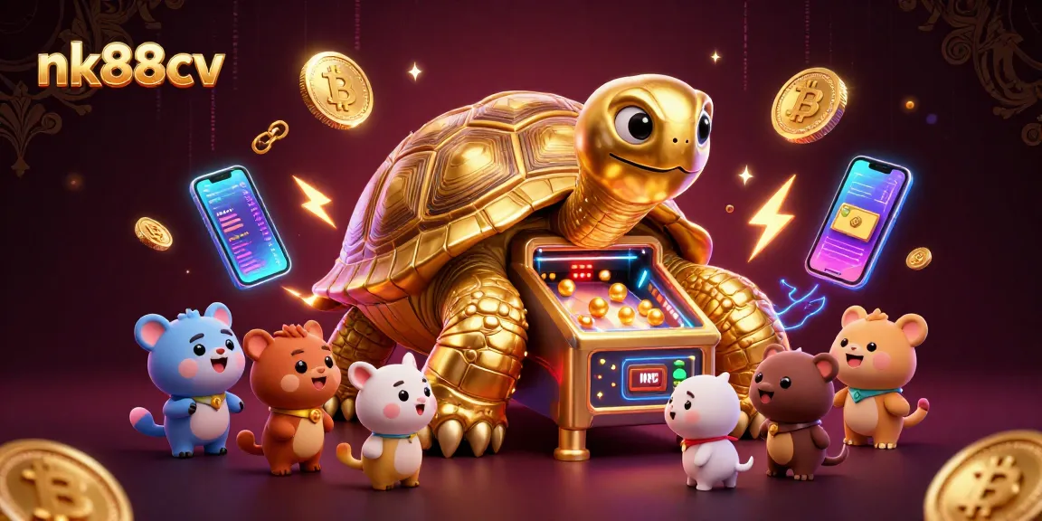 Experience thrilling fun at nk88cv with a lively gaming scene featuring a colossal tortoise and crypto coins.