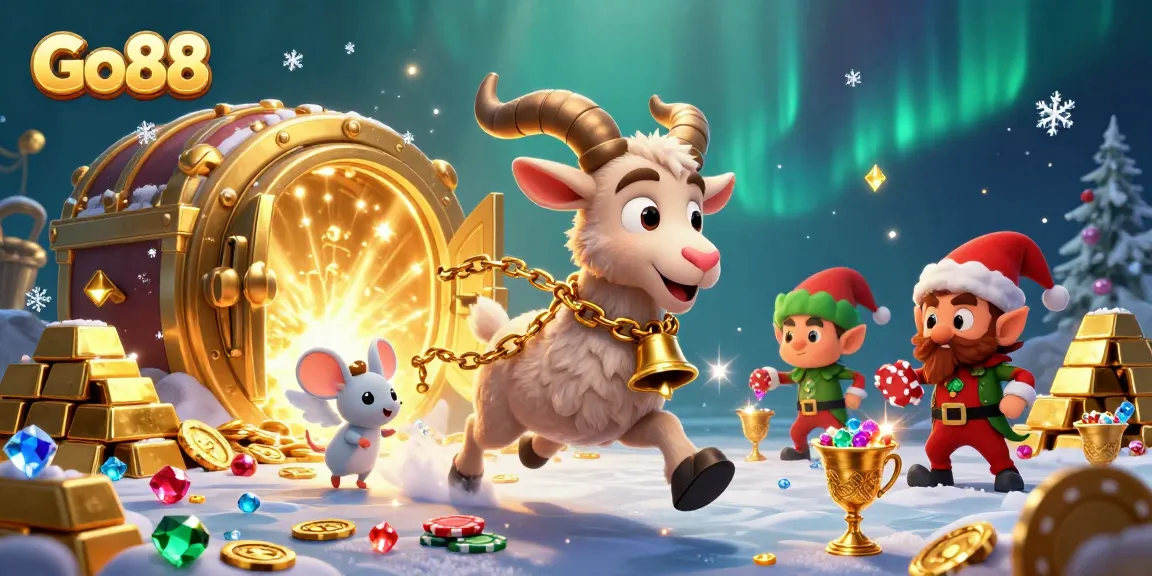 Go88 casino illustration showcasing a Krampus goat in chains overseeing elf gremlins stealing poker chips in a lavish setting.