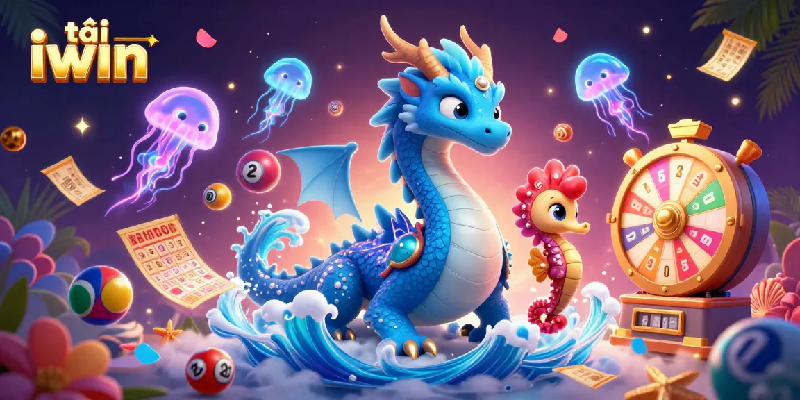 Play exciting games with tải iwin, featuring a vibrant 3D scene of animated casino elements.