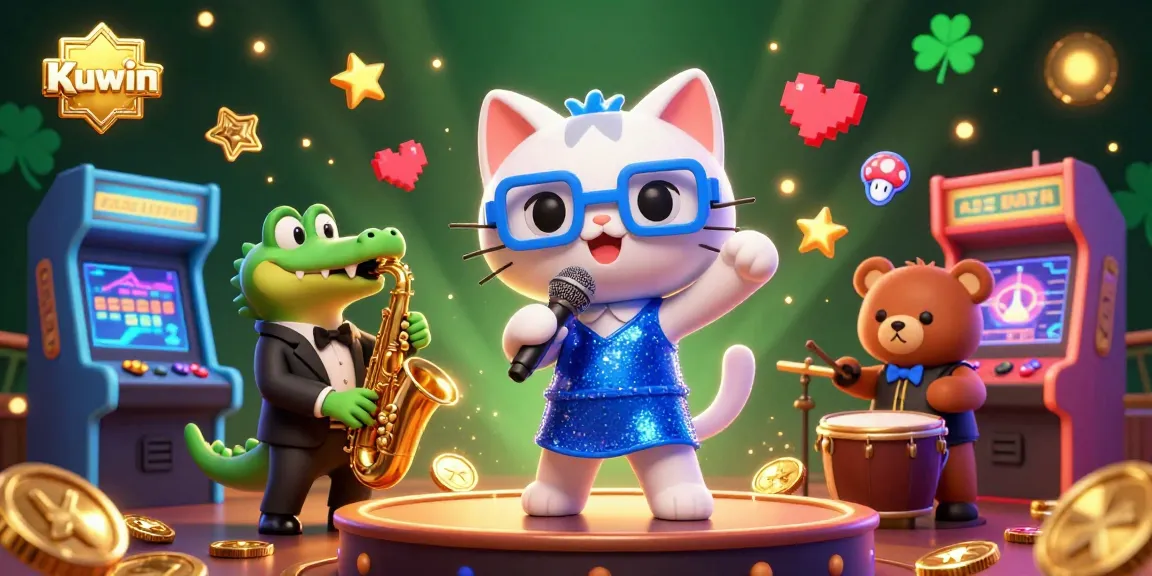 Kuwin players enjoy a vibrant casino stage with lively characters, arcade games, and golden rewards.