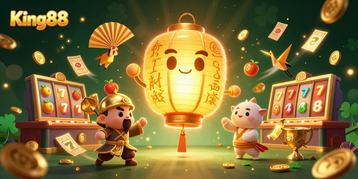 Experience the excitement of King88 with a vibrant illustration featuring a giant golden lantern spirit surrounded by dynamic casino elements.