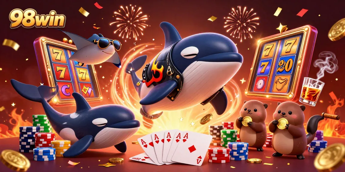 Engage in thrilling gaming moments with 98win's vibrant scene of an orca whale and whimsical sea otters celebrating wins.