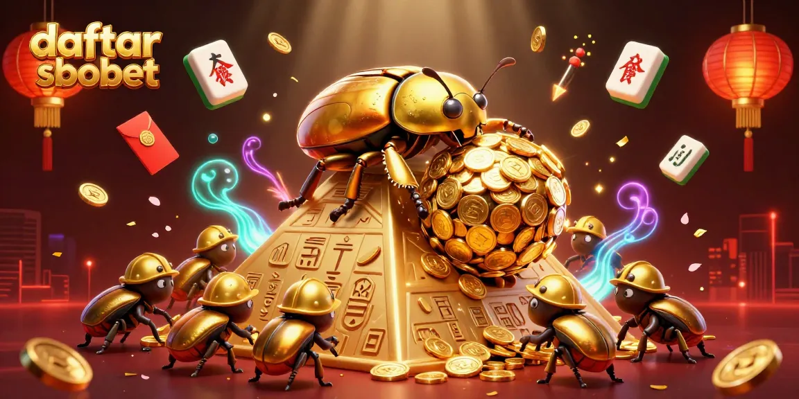 Engage with daftar sbobet through a vibrant casino-themed scene featuring golden beetles and dynamic gambling elements.