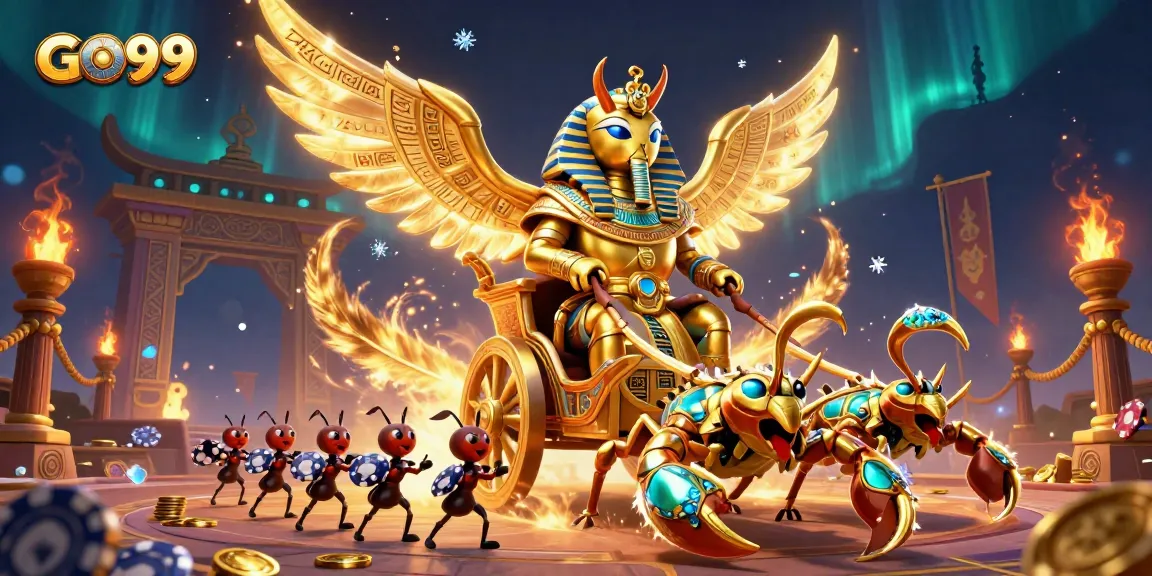 Capture thrilling moments at GO99 with golden scarab beetle and scorpions in a dynamic casino scene.