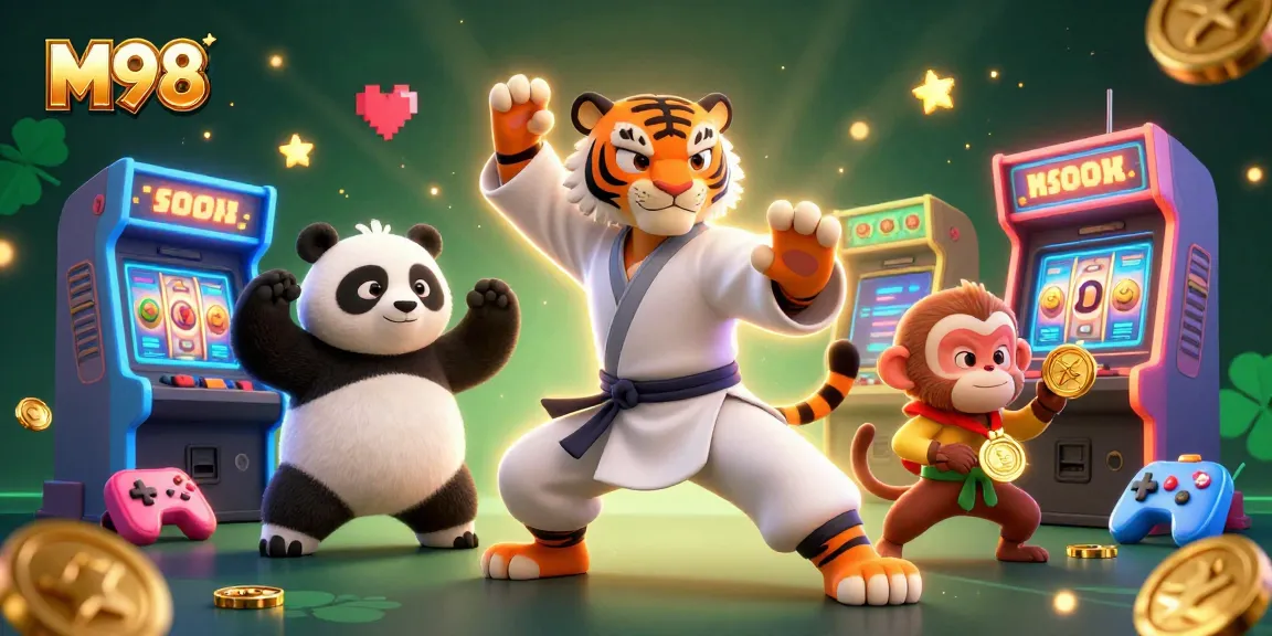 M98 slot game illustration with a kung fu tiger master, panda disciple, and monkey taking center stage.