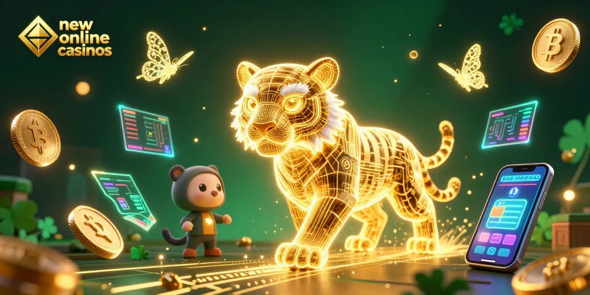 Explore new online casinos featuring vibrant 3D visuals with a glowing golden tiger and crypto elements.